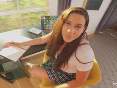 My slutty 18yo stepdaughter got caught being naughty in school again - bubble butt schoolgirl in uniform in POV hardcore