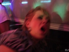 Blonde services every man in attendance with mouth and pussy