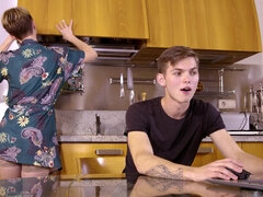 Short-haired housewife Cherry Alexa fucks her stepson in the kitchen
