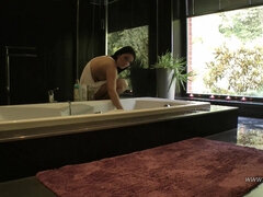 Saucy and hottie darkhaired babe in her wet dreams alone at home