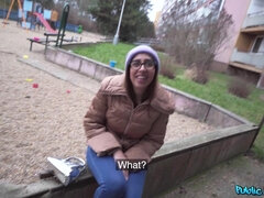 Brunette nerd in glasses Ale Danger sucking cock outdoors - The How Deep Challenge