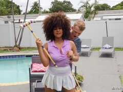 Curly-haired beauty with natural boobs fucks Jimmy in bed