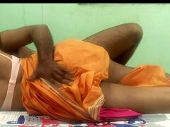 Indian Traditional Married Woman Orange Colour Saree Bed Romance