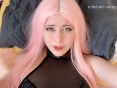 Egirl with pink hair gives a cum on face JOI countdown while teasing with ahegao