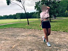 The wife dares to play basketball without bra and panties in a short skirt.