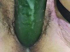 MILF gets squirt and fucked by cucumber