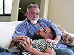 Tattooed and pierced bottom bareback threesome with MILF