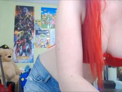 Busty gamer teen in red lingerie showing boobs and ass get ban in twitch