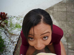 Chocolate diva Adriana Maya makes a guy pop in her wanting mouth