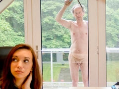 Blasen, Braunhaarige, Hundestellung, Frau frau mann, Handjob, Küssen, Jungendliche (18+), Titten