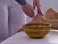 Oiled up tattooed masseuse fucked by client during massage