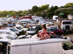 Nymph in sexy lingerie screwed by stud in abandoned junkyard