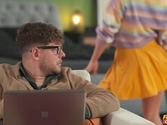 Naughty and dirty-minded Ukrainian blonde MILF Karina King looks very attractive in that short skirt, while she's pleasuring Michael Fly with a s