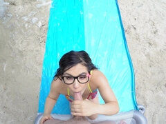 Nerdy teen Mina Moon gets banged by the pool