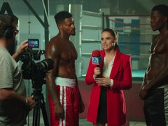 Sexy reporter Tori Black pleasuring two athletic black guys