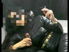 Kinky leather wifey with long nails and smoking fetish gives a mind-blowing handjob cumshot
