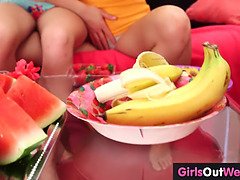 Unshaved lesbians taste fruit and wet pussies