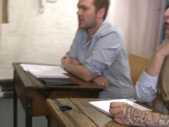 Louise Lee takes her husbands cock from behind while the teacher watches