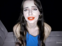 Kukk suging, Brunette, Sperm skott, Skittensnakk, Bakfra, Naturlige bryster, Synsvinkel, Alene