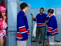 Young fit brunette teen fucks big cock tall hockey players after workouts