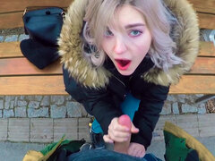 Teen nympho Eva Elfie sucking big boner on the park bench