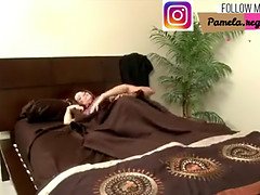 Step-mom and step-son on same sofa at raining night