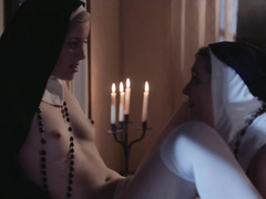 Dirty nuns in wimples and stockings secretly practice cunnilingus
