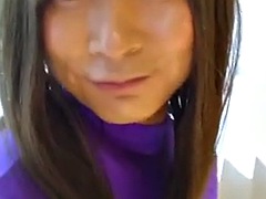 Japanese amateur crossdressers masturbate in purple catsuits