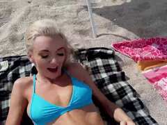 Molly Mae gives head & bounce on cock on a public beach
