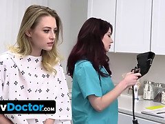 Slender blonda patient lets perv medic and his hot bootie nurse to spread her narrow teen cunny