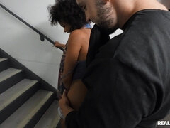 Alina Ali Gets Pounded In Public p2 - petite skinny ebony Alina Ali rides big cock on stairs