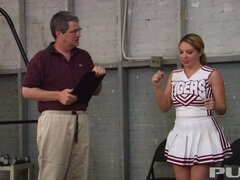 Stacked cheerleader gives her coach a special handjob!