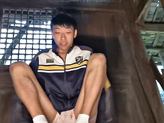 Cum boy Masturbation china Asia forest wooden house outdoor