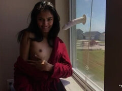 HOME ALONE HORNY DESI SLUT SUCKS AND FUCKS DILDO ON WINDOW