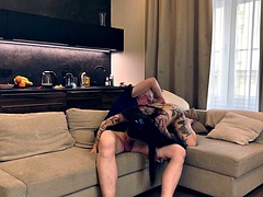 Megan Inky fucks an old man on the couch at home