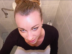 Angel Emily swallows a mouthful after fucking in a public bathroom