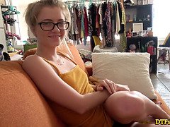 DTFsluts - RILEY STAR GEEKY BLONDE PETITE TEEN GETS FUCKED FROM BEHIND ON HER COUCH