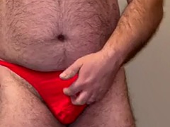 Steves first anal shows his entire bear body in a red thong while he jerks off, eats precum and spoiled cum