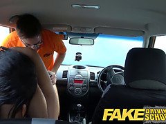 Fake driving school nervous ebony teen filled up by her educator in the car