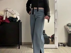 Wide leg flared palazzo jeans sissy in black jacket masturbating and waiting for mistress to suck cock and BDSM