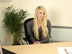 Watch this horny blonde secretary tease her pussy at work just for you