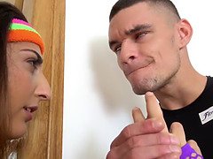 Sexy Spanish brunette covered in cum after workout fucking