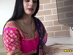 Sexy Indian MILF strips off her sari and fucks hard in her first desi romp