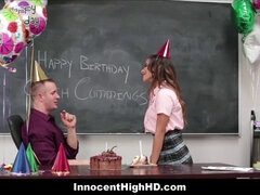 Coach gives a sloppy birthday blowjob to a naughty high school teen with braces