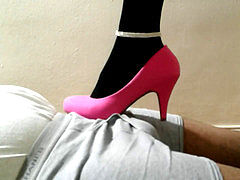 Shoejob teasing in black pantyhose & pinkish high-heeled slippers