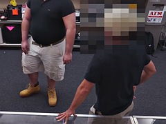 In a pawn shop, gay ass fucked in threesome by fat and sexy gay