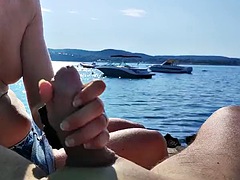 French milf amateur handjob on public nudist beach in Greece with stranger with cumshot - MissCreamy