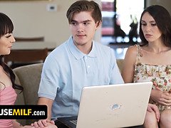 Lucky IT Guy helps gorgeous babes with laptopSetup while they suck and fuck him in FFM threesome