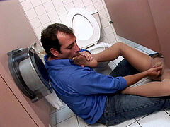 molten secretary wearing wide belt gets pounded in the toilet