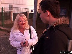 Hairy blonde granny in stockings rides strangers cock